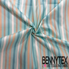 Coupon 3m Popeline coton 120 fils imprimé rayure verticale sable blanc discret prune turquoise