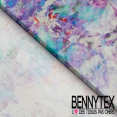 Popeline coton élasthanne 120 fils motif feuillage fleur et nature tropicale ton rose saumon corail