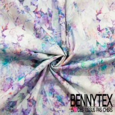 Popeline coton élasthanne 120 fils motif feuillage fleur et nature tropicale ton rose saumon corail