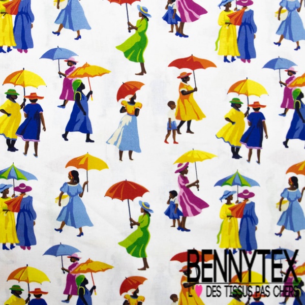 Toile lorraine impression femme noir robe multicolore fond blanc discret