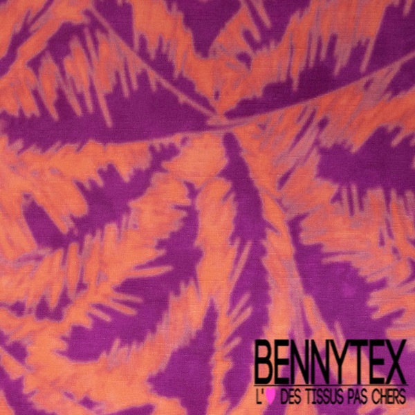 Coupon 3m Fibranne viscose effet lin imprimé abstrait griffonné corail vif fond orchidée