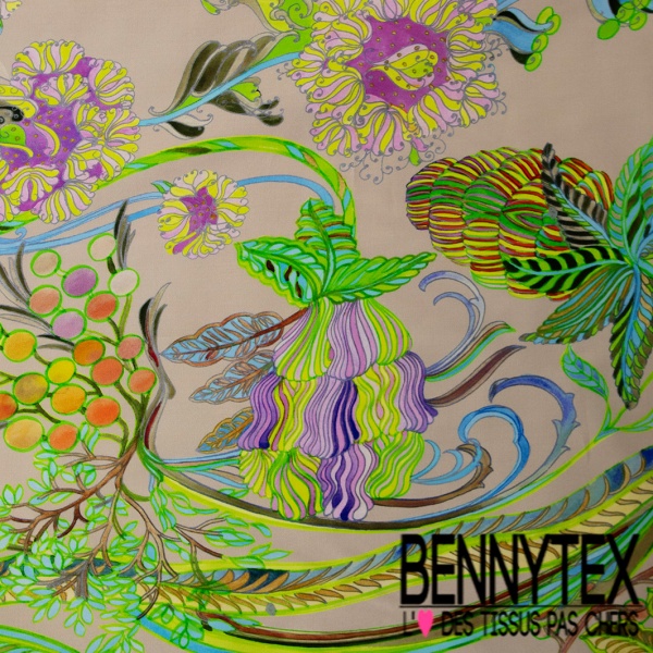 Fibranne viscose satinée imprimé floral japonisant fond sable pastel