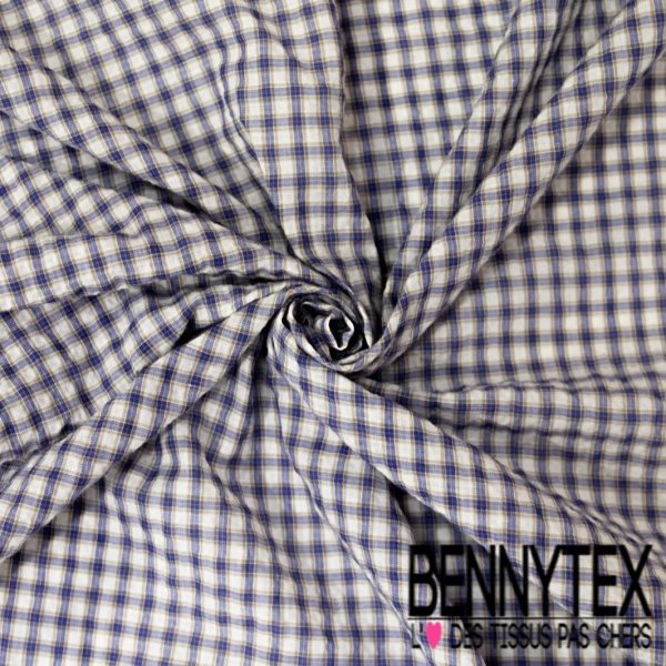 Coton fin tissé teint froissé imprimé mini carreau marine ocre blanc optique