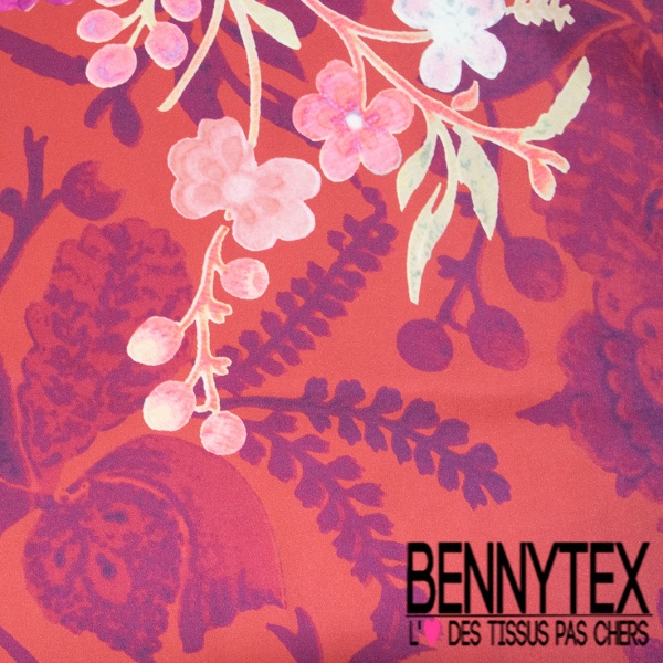 Satin polyester recyclé lourd imprimé grande fleur japonisante fond rouge profond