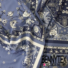 Voile de coton élasthanne digital imprimé bandana ton bleu charron marine blanc discret