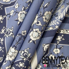 Voile de coton élasthanne digital imprimé bandana ton bleu charron marine blanc discret