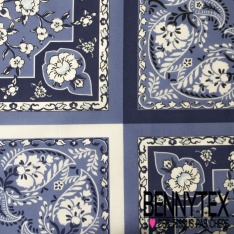 Voile de coton élasthanne digital imprimé bandana ton bleu charron marine blanc discret