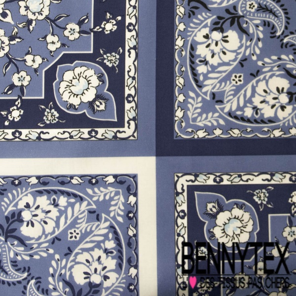 Voile de coton élasthanne digital imprimé bandana ton bleu charron marine blanc discret