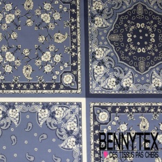 Voile de coton élasthanne digital imprimé bandana ton bleu charron marine blanc discret