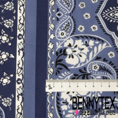 Voile de coton élasthanne digital imprimé bandana ton bleu charron marine blanc discret
