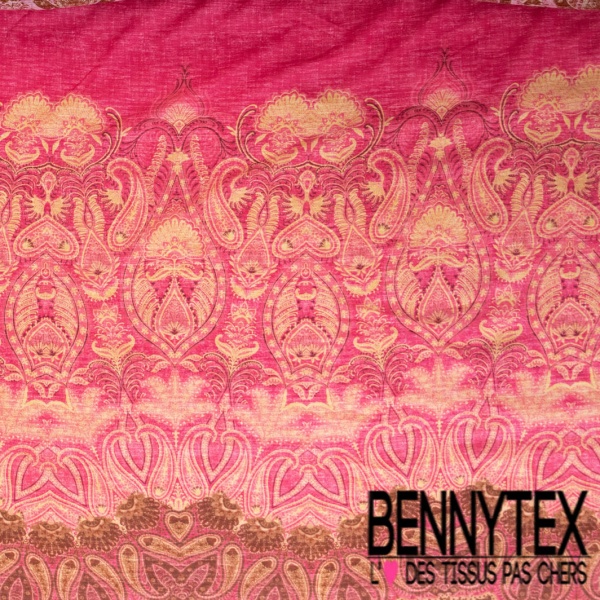Voile de coton digital imprimé indien ton grenadine canelle rose