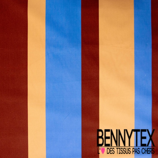 Popeline coton élasthanne digital motif grosse rayure chocolat bleu allégé beige