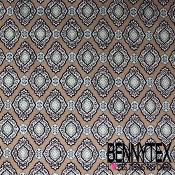 Jersey coton digital motif provençal maerine blanc optique fond taupe