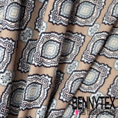 Jersey coton digital motif provençal maerine blanc optique fond taupe