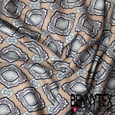 Jersey coton digital motif provençal maerine blanc optique fond taupe