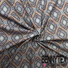 Jersey coton digital motif provençal maerine blanc optique fond taupe