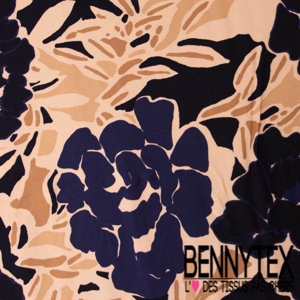 Fibranne viscose digitale imprimé grande fleur stylisée bleu nuit beige fond beige sable pastel