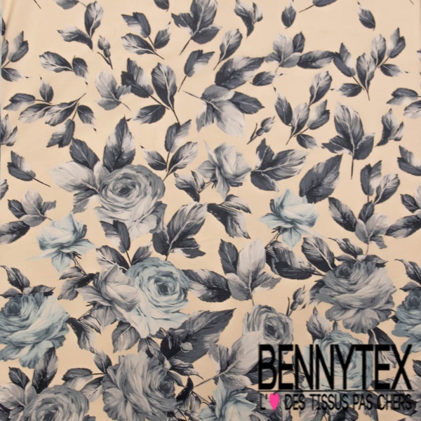 Popeline coton élasthanne digital motif rose bleu jeans fond rosée du matin