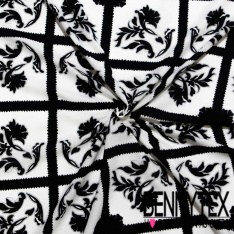 Voile de coton digital imprimé grande feuille tropicale stylisée moutarde fond blanc discret