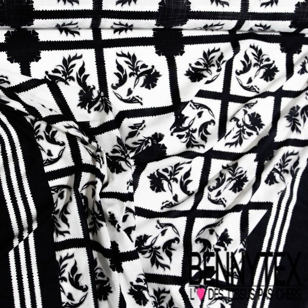 Voile de coton digital imprimé quadrillage provençale charbon blanc discret