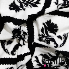 Voile de coton digital imprimé grande feuille tropicale stylisée moutarde fond blanc discret