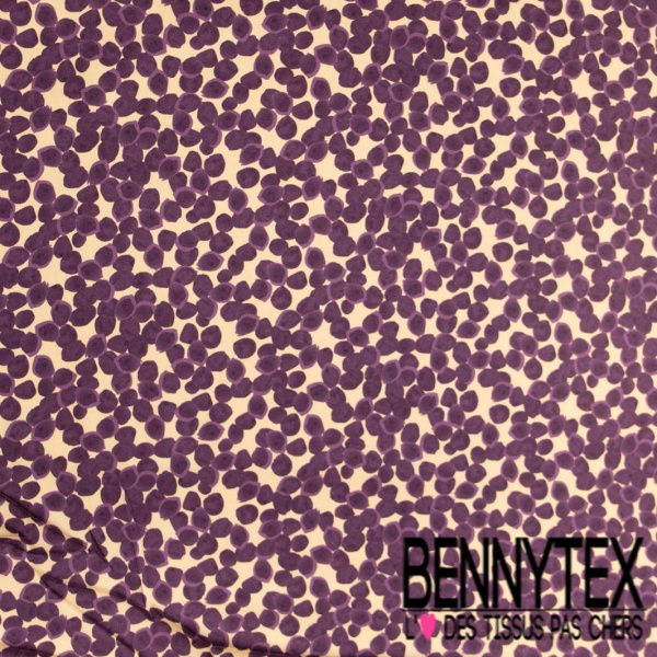 Twill satin polyester digitale motif pois stylisé aubergine fond chair