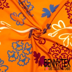 Fibranne viscose effet lin imprimé abstrait griffonné corail vif fond orchidée