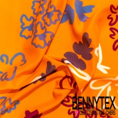 Fibranne viscose effet lin imprimé abstrait griffonné corail vif fond orchidée