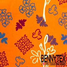 Fibranne viscose effet lin imprimé abstrait griffonné corail vif fond orchidée