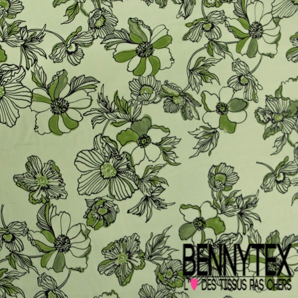 Fibranne viscose digitale élasthanne satinée imprimé floral au trait fond amande