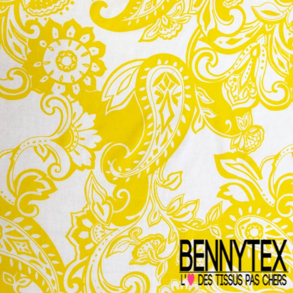 Voile de coton digital imprimé grand cachemire banane fond blanc discret