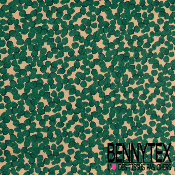 Twill satin polyester digitale motif pois stylisé émeraude fond chair