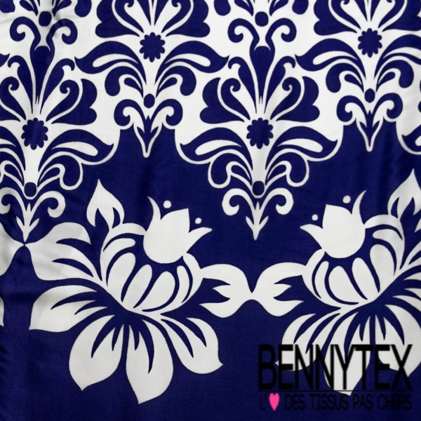 Twill satin viscose imprimé digital simple base floral cachemire blanc discret fond bleu capitaine