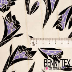 Fibranne viscose imprimé digital palmier lie de vin fine rayure lure argent verticale fond blanc cassé