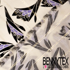 Fibranne viscose imprimé digital palmier lie de vin fine rayure lure argent verticale fond blanc cassé