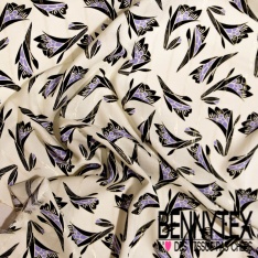 Fibranne viscose imprimé digital palmier lie de vin fine rayure lure argent verticale fond blanc cassé