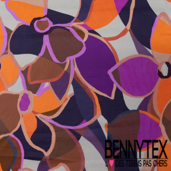 Fibranne viscose élasthanne imprimé digital satinée grande fleur naïve orange violet brique perle