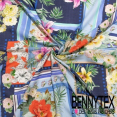 Fibranne viscose imprimé digital satinée grande fleur naïve orange violet brique perle