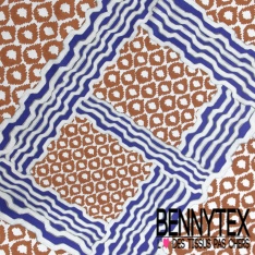 Popeline coton élasthanne digital motif gros coquillage bleu lavande graphique fond blanc cassé