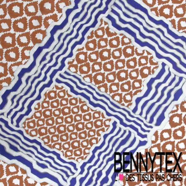 Popeline coton élasthanne digital motif abstrait géométrique cannelle marine fond crème
