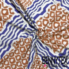 Popeline coton élasthanne digital motif gros coquillage bleu lavande graphique fond blanc cassé