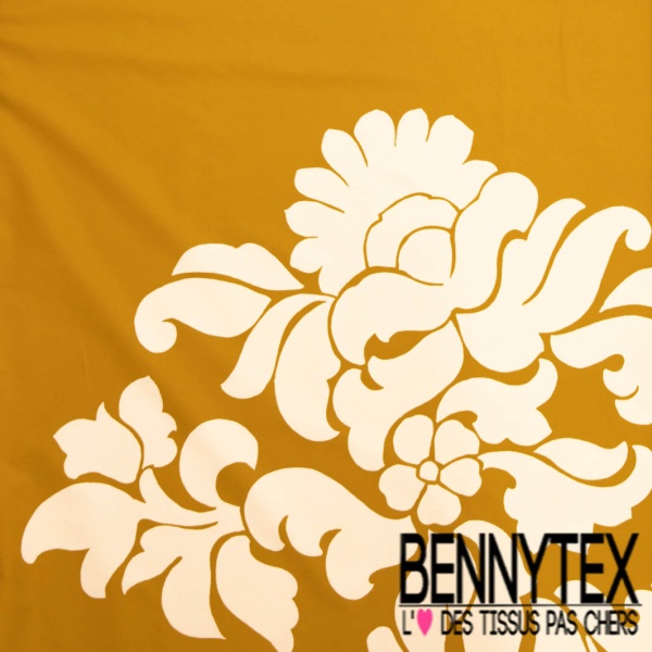 Popeline coton élasthanne digital simple base motif baroque blanc fond or de miel