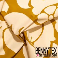 Popeline coton élasthanne digital motif abstrait géométrique cannelle marine fond crème