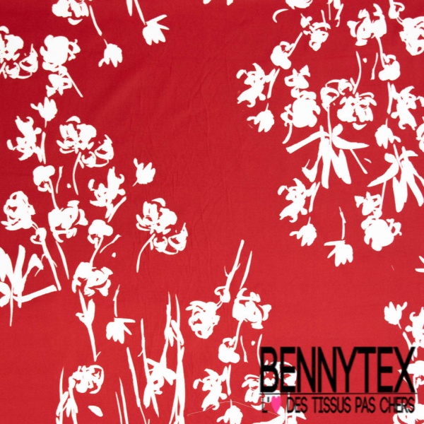 Popeline coton élasthanne digital imprimé floral japonisant blanc fond rouge cerise
