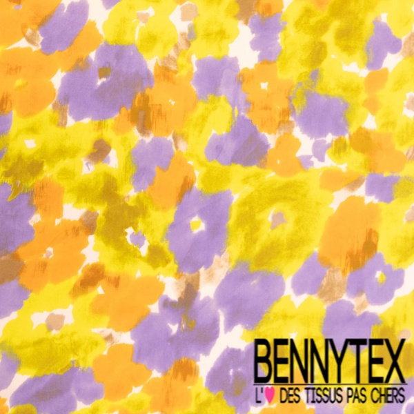Popeline coton élasthanne digital imprimé floral jaune lilas orange lulmineux fond blanc discret