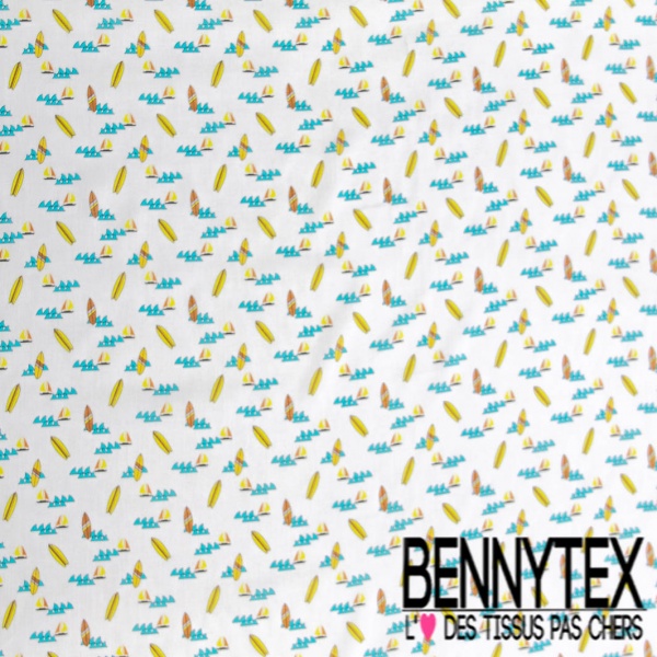 Fibranne viscose imprimé digital surf et vague fond blanc discret