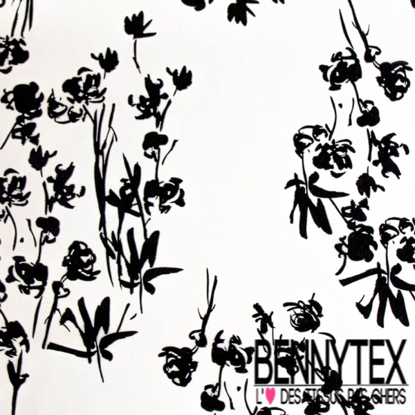 Crêpe de Chine 12 Mommes imprimé floral japonisant noir fond blanc naturel