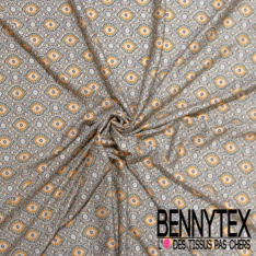 Jersey viscose imprimé palmier stylisé noir corail fond rose pastel