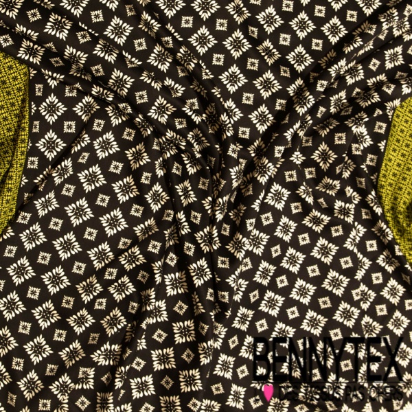 Fibranne viscose imprimé digital double base anis cachemire blanc cassé fond noir