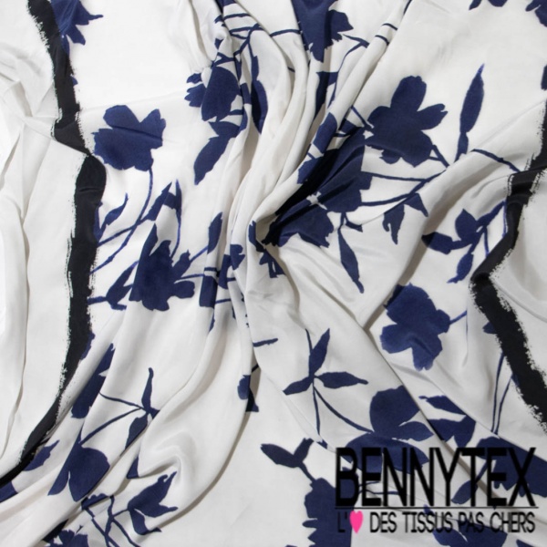 Fibranne viscose satinée imprimé digital double base fleur marine fond gris fumée
